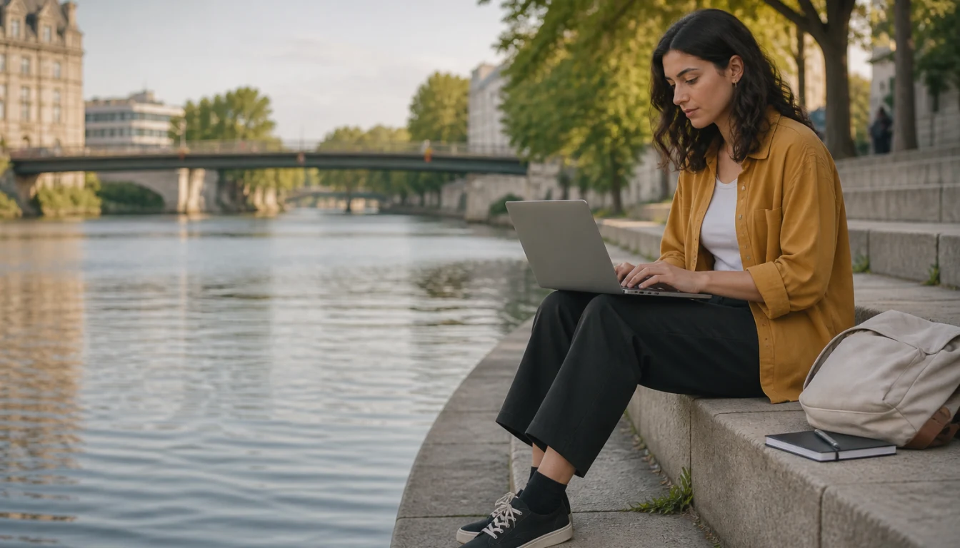 Eine Person arbeitet draußen an einem Laptop